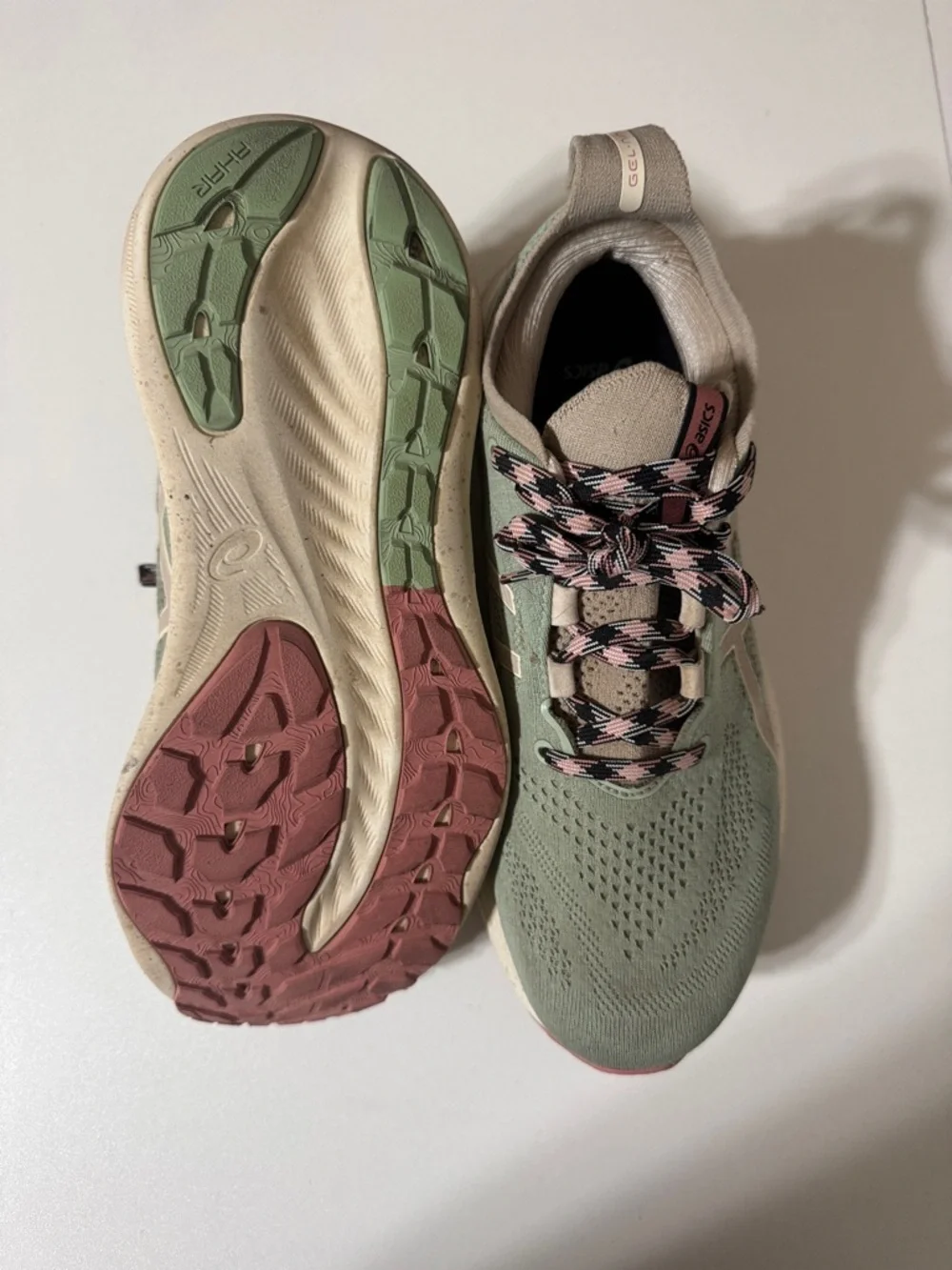 Asics Women's Sage Green and Beige Athletic Sneakers with Pink-Patterned Laces - Picture 3 of 3